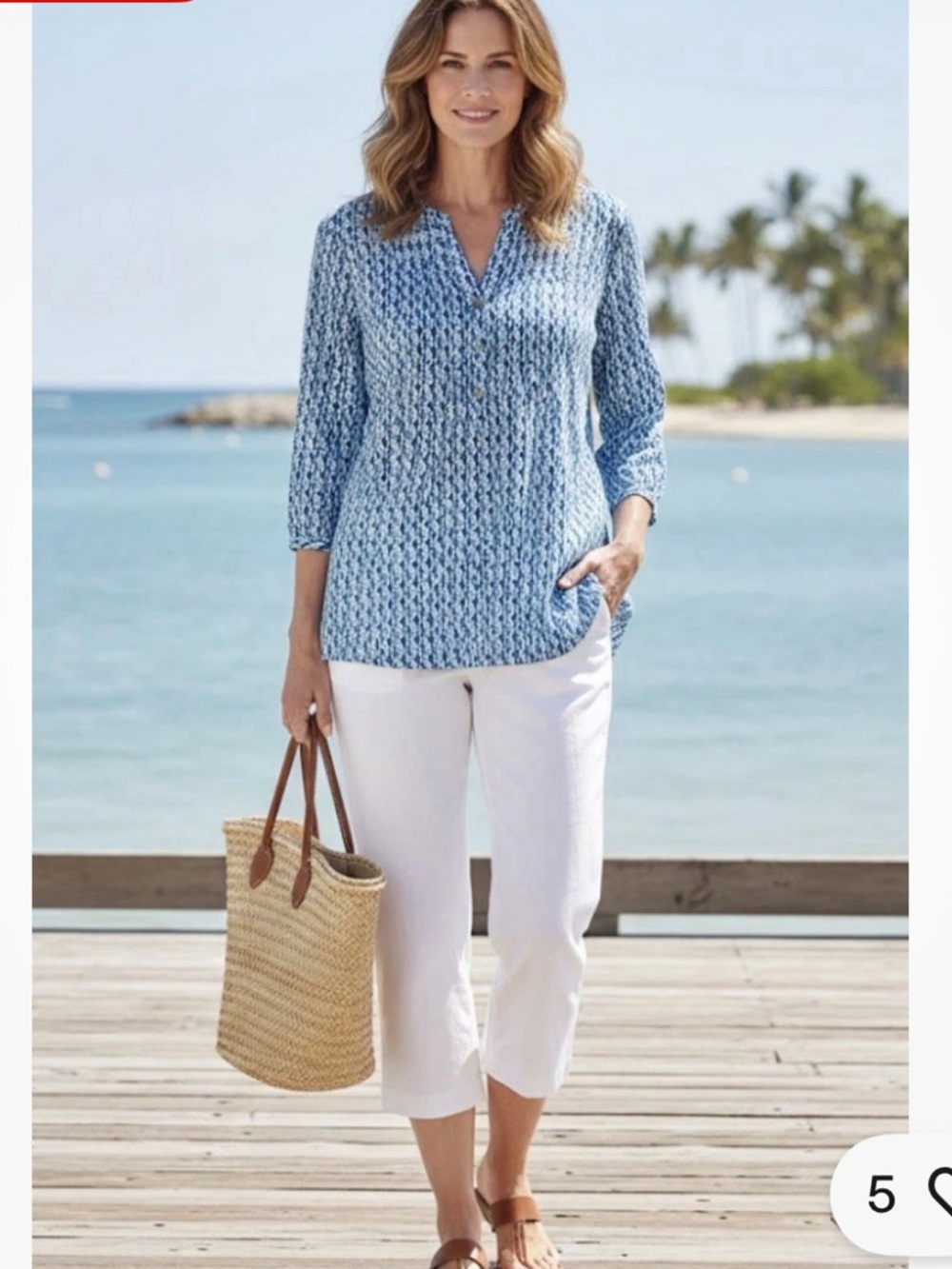 TALBOTS Popover Tunic Top Seahorse  Print Teal And White Beach 100 % Cotton 3X